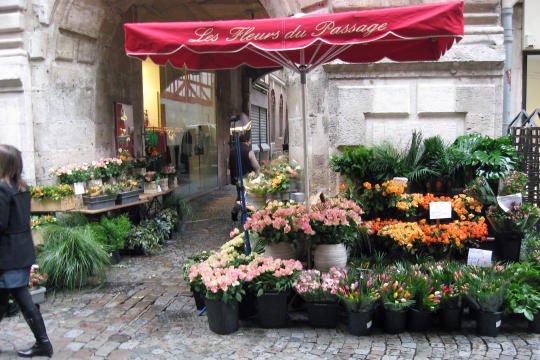 Flower shop on street with big clock in Rouen